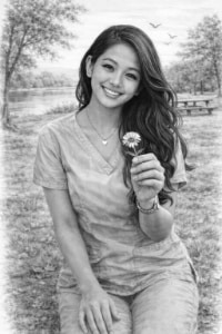 Jing of the novel Street Ohana holding a flower in the park