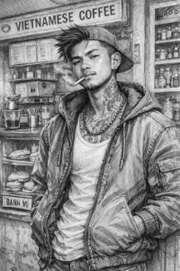 Loco of the novel Street Ohana standing in a Vietnamese cafe shop in Stockton