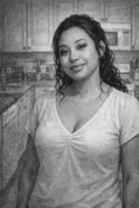 Princess of the novel Street Ohana standing in a kitchen in her apartment