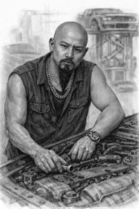 Slicks of the novel Street Ohana standing next to a car working on its engine